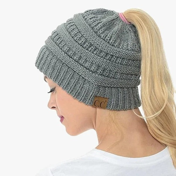 Ponytail Hat Cap Ribbed Knit Solid Color for Women