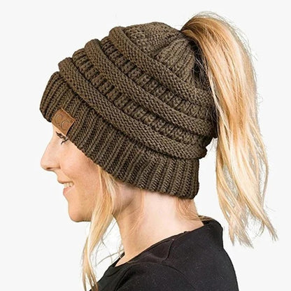 Ponytail Hat Cap Ribbed Knit Solid Color for Women