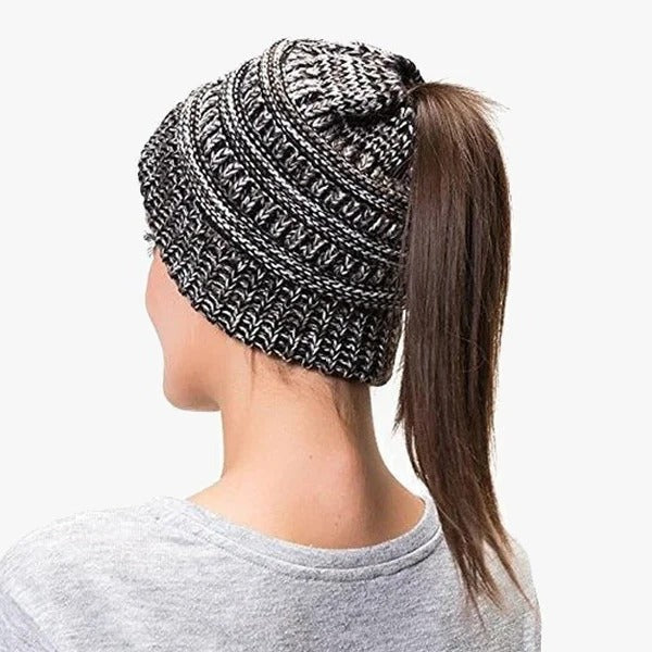 Ponytail Hat Cap Ribbed Knit Solid Color for Women