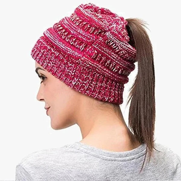 Ponytail Hat Cap Ribbed Knit Solid Color for Women