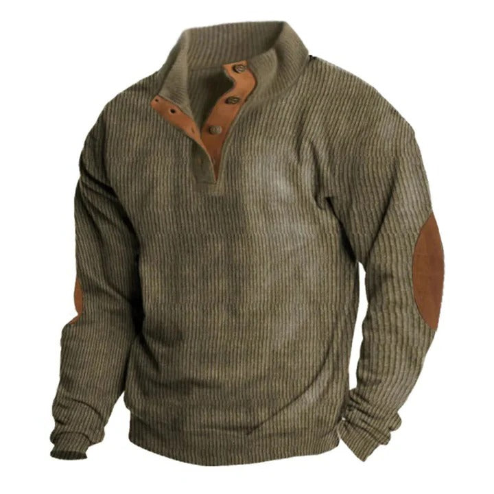 Mens Corduroy Pullover Sweater with Stand Collar and Button Detail