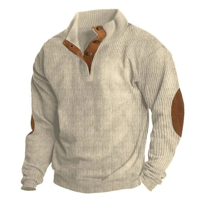 Mens Corduroy Pullover Sweater with Stand Collar and Button Detail