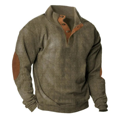 Mens Corduroy Pullover Sweater with Stand Collar and Button Detail