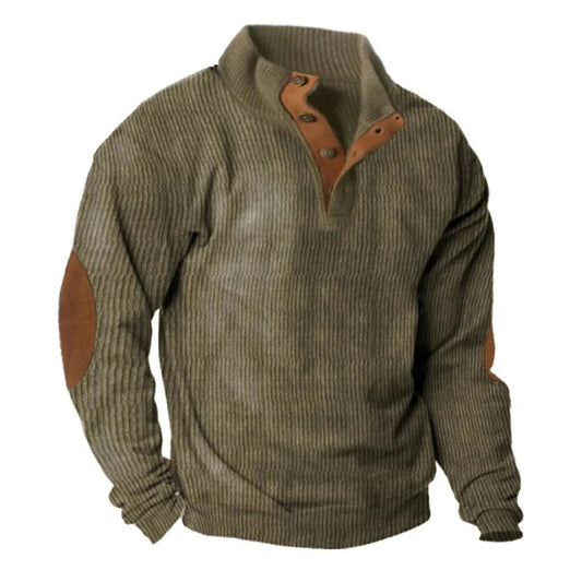 Mens Corduroy Pullover Sweater with Stand Collar and Button Detail