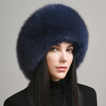 Thick Fox Fur Cap with Earmuffs and Winter Warm Hat