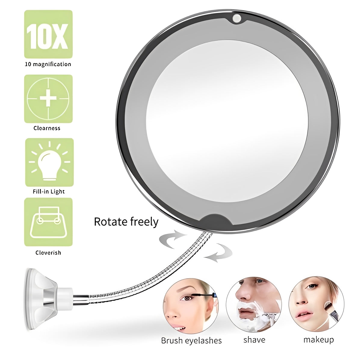 Lighted 10X Magnifying Flexible Mirror with 360 Degree Rotation