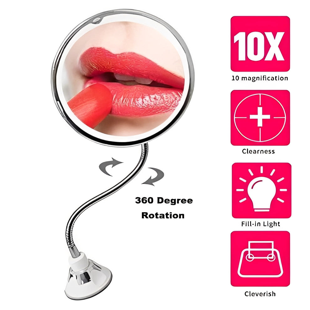 Lighted 10X Magnifying Flexible Mirror with 360 Degree Rotation