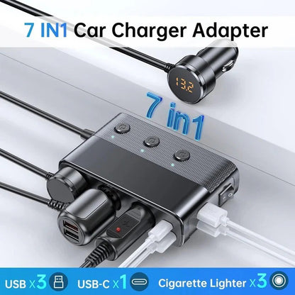 Heavy Duty 7-in-1 Car Cigarette Lighter Adapter with LED Voltage Display