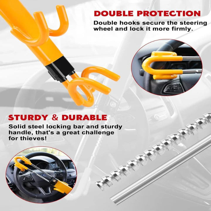 Adjustable Car Steering Wheel Lock with Hardened Steel Bar and Self Locking Feature