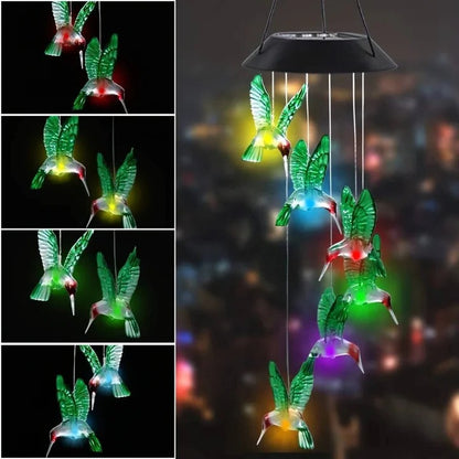 Wind Chimes with Solar Power Collection and Internal Rechargeable Battery and Metallic Resonating Tubes and Decorative Hang Hook