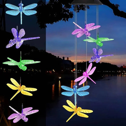 Wind Chimes with Solar Power Collection and Internal Rechargeable Battery and Metallic Resonating Tubes and Decorative Hang Hook