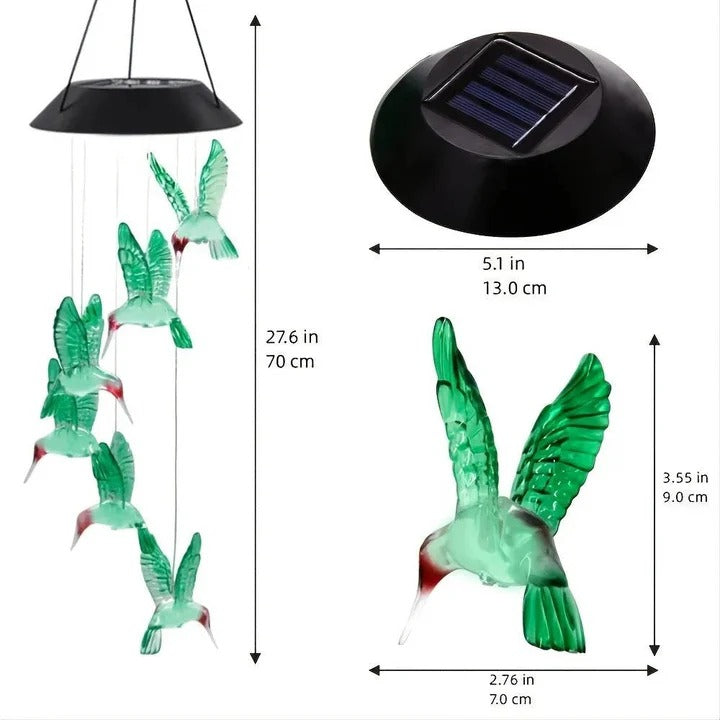 Wind Chimes with Solar Power Collection and Internal Rechargeable Battery and Metallic Resonating Tubes and Decorative Hang Hook