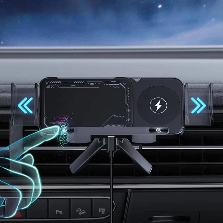 Wireless Car Charger Mount, Auto Clamping Phone Holder, Dual Coil Fast Charging, Air Vent Clip