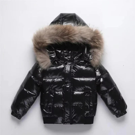 Kids Winter Parka, Down Insulated Jacket, Real Fur Hood Trim, Water Resistant Shell