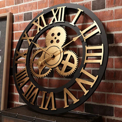 Industrial Gear Wall Clock, 15.7" Silent Non-Ticking, Roman Numerals, Black & Gold Decor