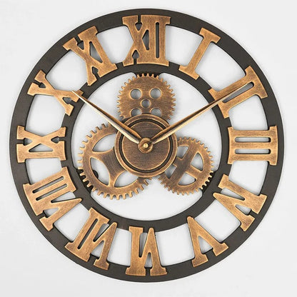 Industrial Gear Wall Clock, 15.7" Silent Non-Ticking, Roman Numerals, Black & Gold Decor