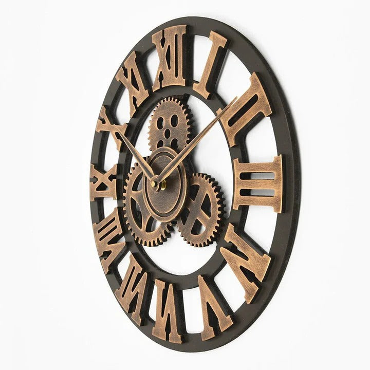 Industrial Gear Wall Clock, 15.7" Silent Non-Ticking, Roman Numerals, Black & Gold Decor