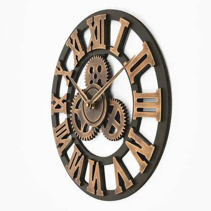 Industrial Gear Wall Clock, 15.7" Silent Non-Ticking, Roman Numerals, Black & Gold Decor