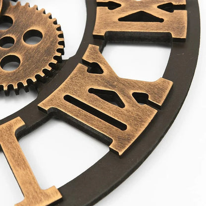 Industrial Gear Wall Clock, 15.7" Silent Non-Ticking, Roman Numerals, Black & Gold Decor