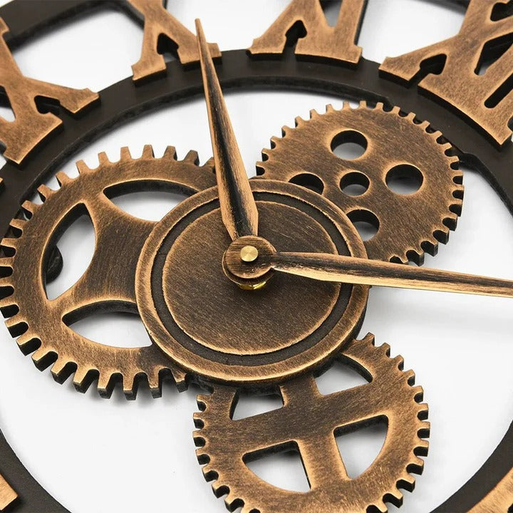 Industrial Gear Wall Clock, 15.7" Silent Non-Ticking, Roman Numerals, Black & Gold Decor