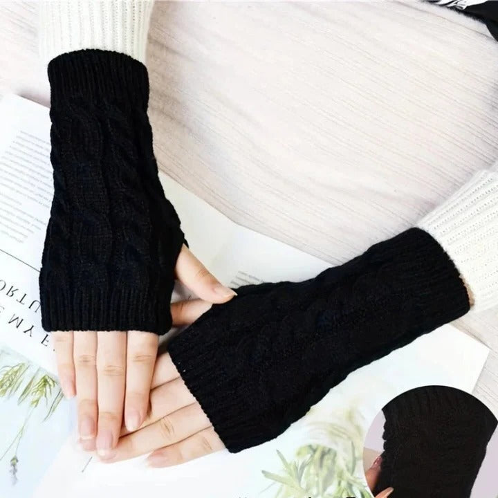 Women's Knit Fingerless Gloves, Fleece Lined Thermal Hand Warmers with Extended Wrist Cuff