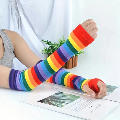 Vibrant Colorful Knit Long Gloves Arm Warmers, Trendy Rainbow Sleeves