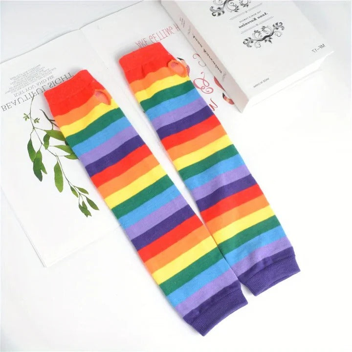 Vibrant Colorful Knit Long Gloves Arm Warmers, Trendy Rainbow Sleeves
