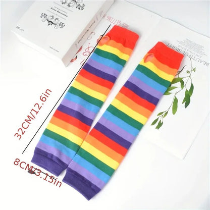 Vibrant Colorful Knit Long Gloves Arm Warmers, Trendy Rainbow Sleeves