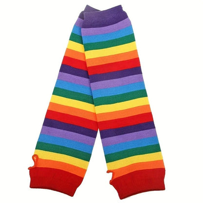 Vibrant Colorful Knit Long Gloves Arm Warmers, Trendy Rainbow Sleeves