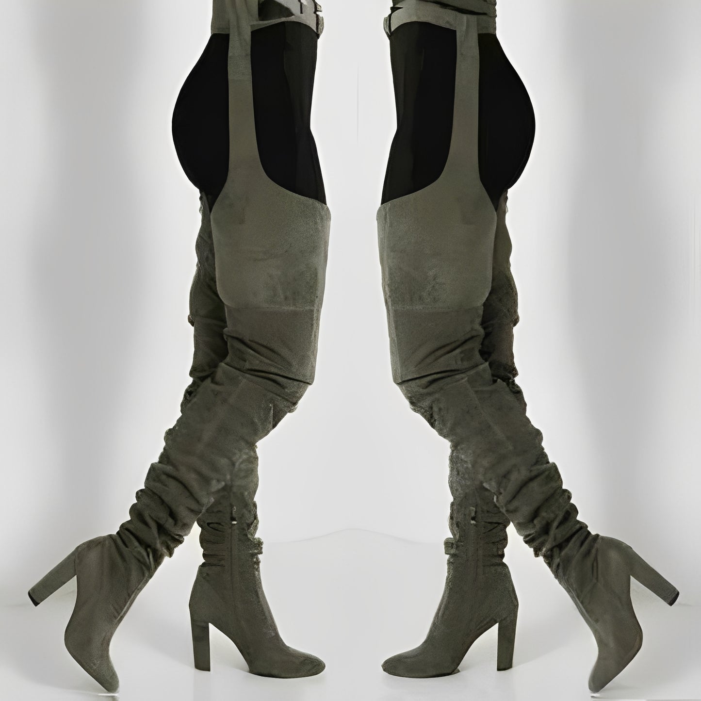 Faux Suede Thigh High Waist Belt Chunky High Heel Slouch Boots for Women and Over The Knee Waist Belted Boots