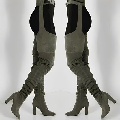 Faux Suede Thigh High Waist Belt Chunky High Heel Slouch Boots for Women and Over The Knee Waist Belted Boots