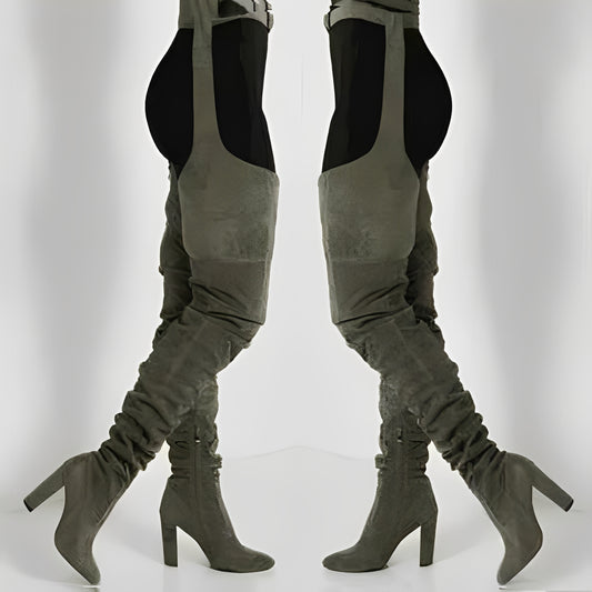 Faux Suede Thigh High Waist Belt Chunky High Heel Slouch Boots for Women and Over The Knee Waist Belted Boots