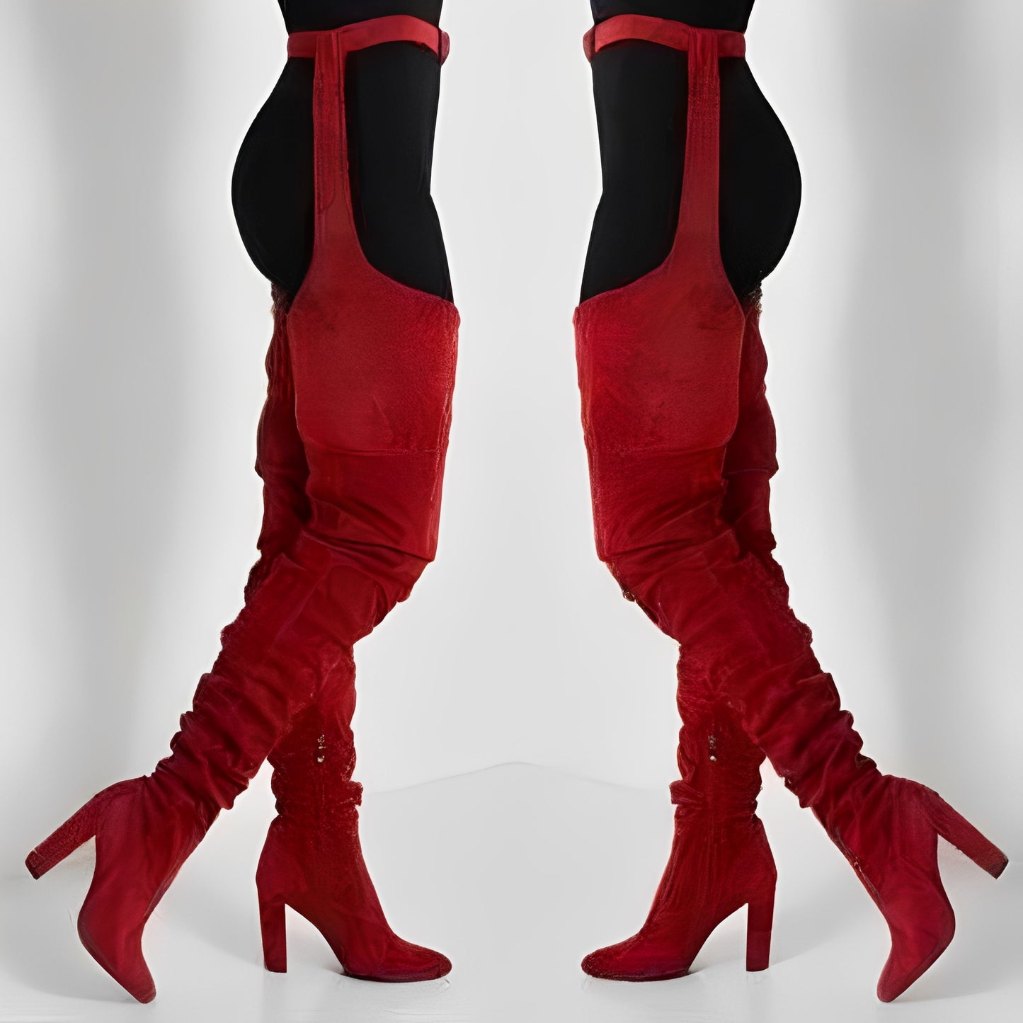 Faux Suede Thigh High Waist Belt Chunky High Heel Slouch Boots for Women and Over The Knee Waist Belted Boots