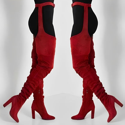 Faux Suede Thigh High Waist Belt Chunky High Heel Slouch Boots for Women and Over The Knee Waist Belted Boots