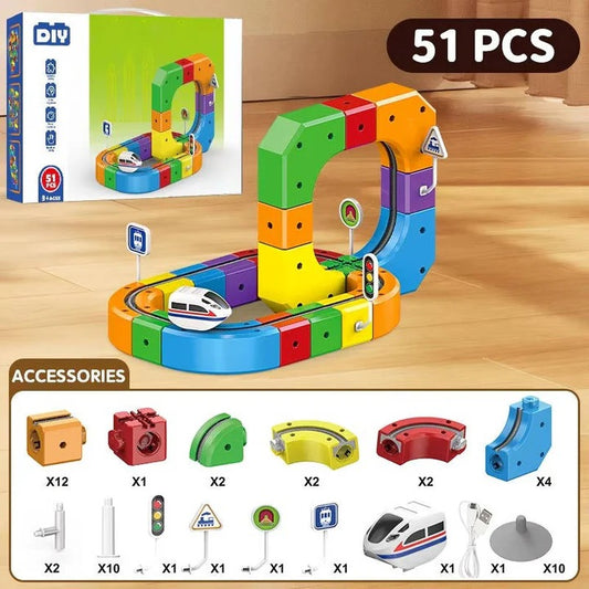 Magnetic Train Track Toy with Interlocking Rails and Creative Locomotive Pathing
