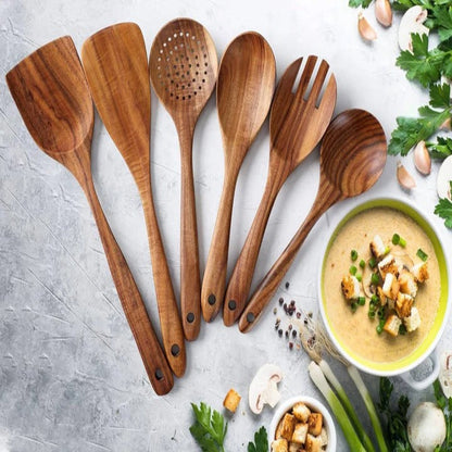 6pcs Wooden Utensils Set with Handcrafted Timber Finish and Natural Kitchen Cooking Essentials