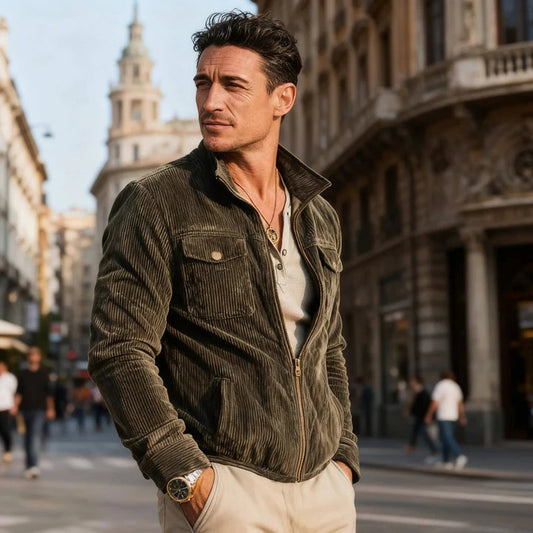 Ribbed Cotton Outerwear and Men's Corduroy Jacket with Textured Fabric Finish
