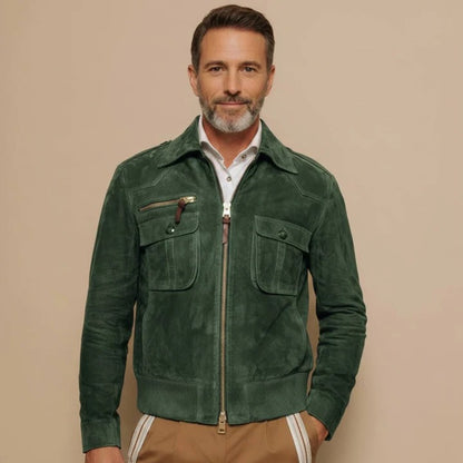 Nostalgic Collar Zip-Up Outerwear and Mens Retro Lapel Zipper Breast Pocket Suede Jacket