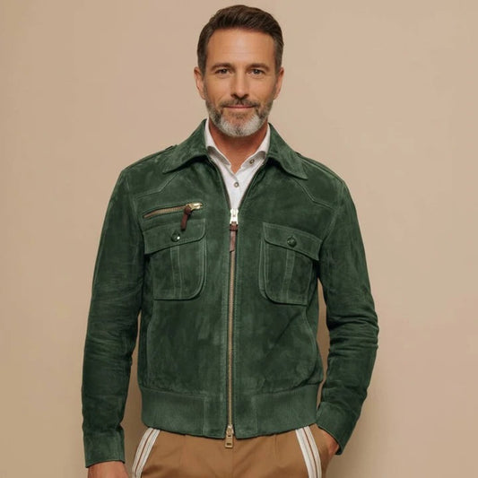 Nostalgic Collar Zip-Up Outerwear and Men's Retro Lapel Zipper Breast Pocket Suede Jacket