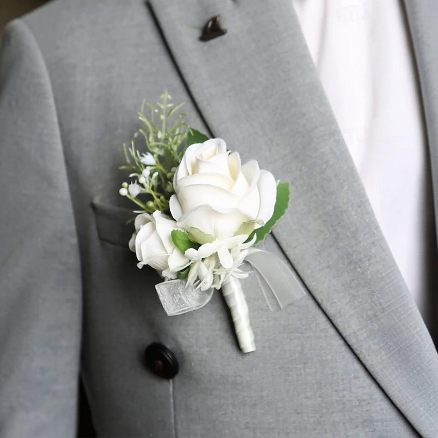 White Rose Wrist Corsage with Matching Boutonniere for Bridal and Prom Occasions