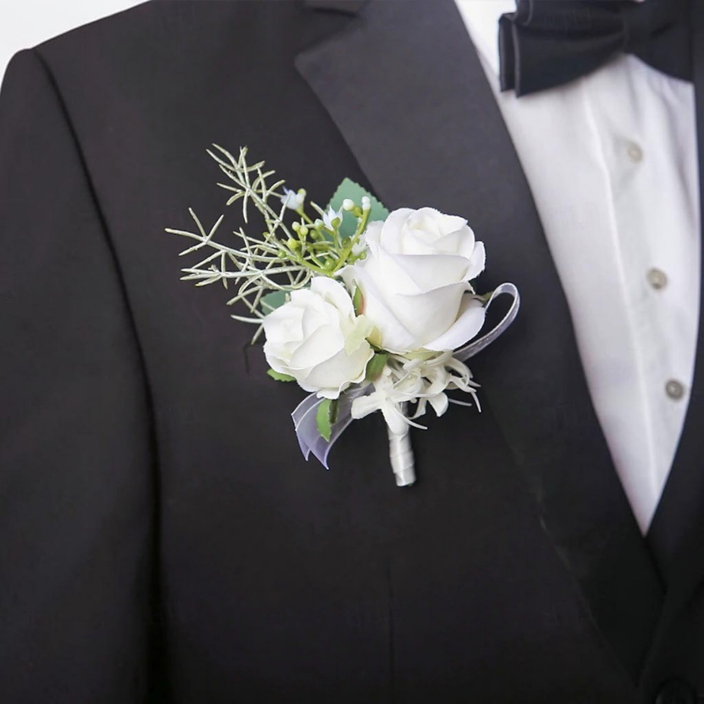 White Rose Wrist Corsage with Matching Boutonniere for Bridal and Prom Occasions