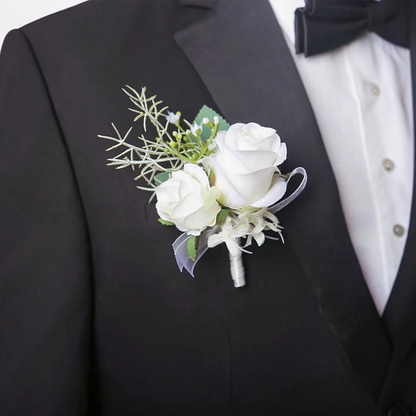 White Rose Wrist Corsage with Matching Boutonniere for Bridal and Prom Occasions