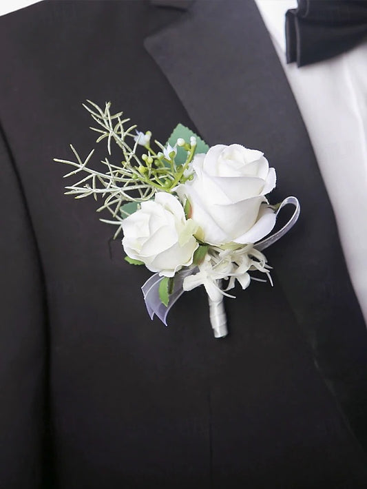 White Rose Wrist Corsage with Matching Boutonniere for Bridal and Prom Occasions