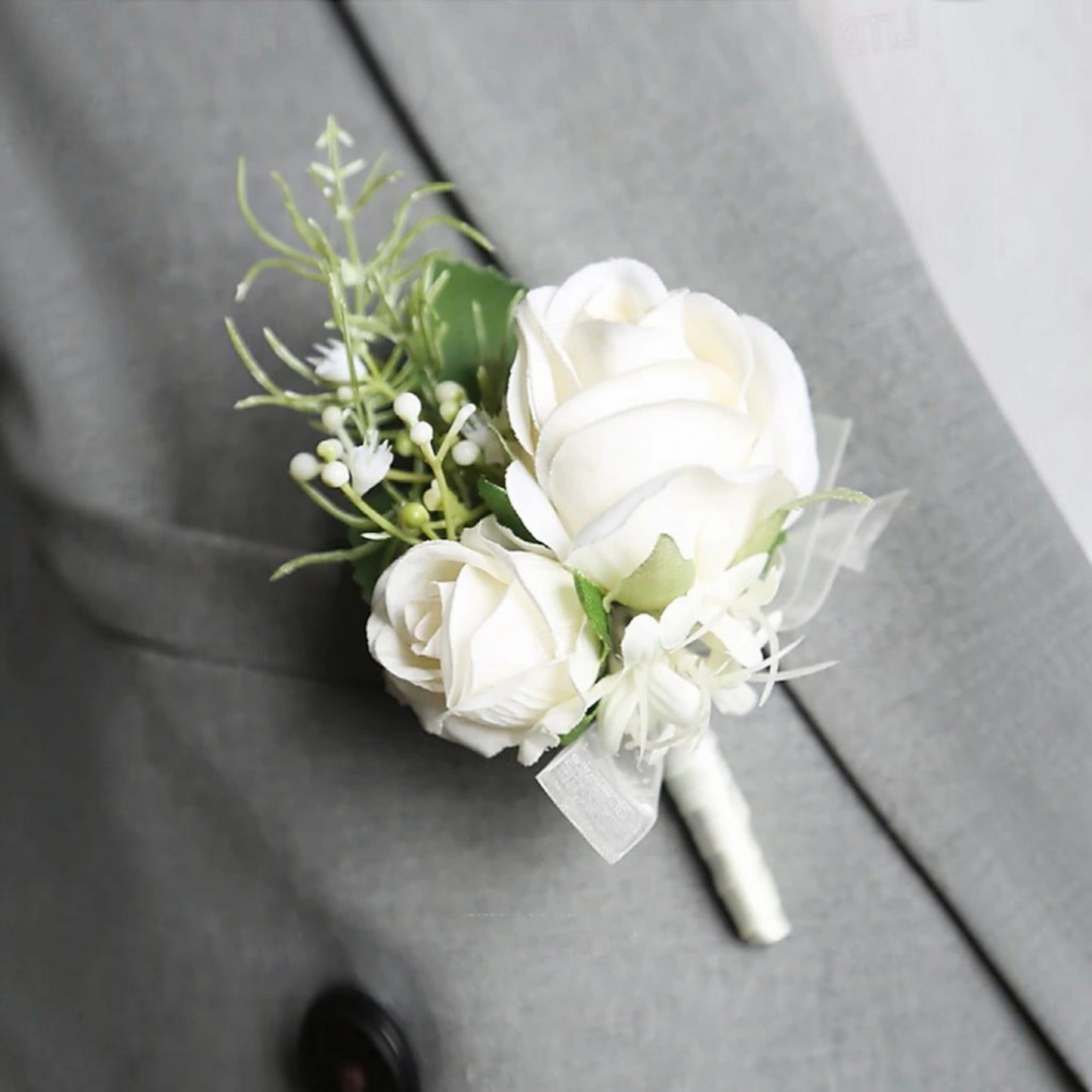 White Rose Wrist Corsage with Matching Boutonniere for Bridal and Prom Occasions