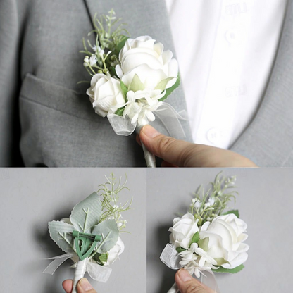 White Rose Wrist Corsage with Matching Boutonniere for Bridal and Prom Occasions