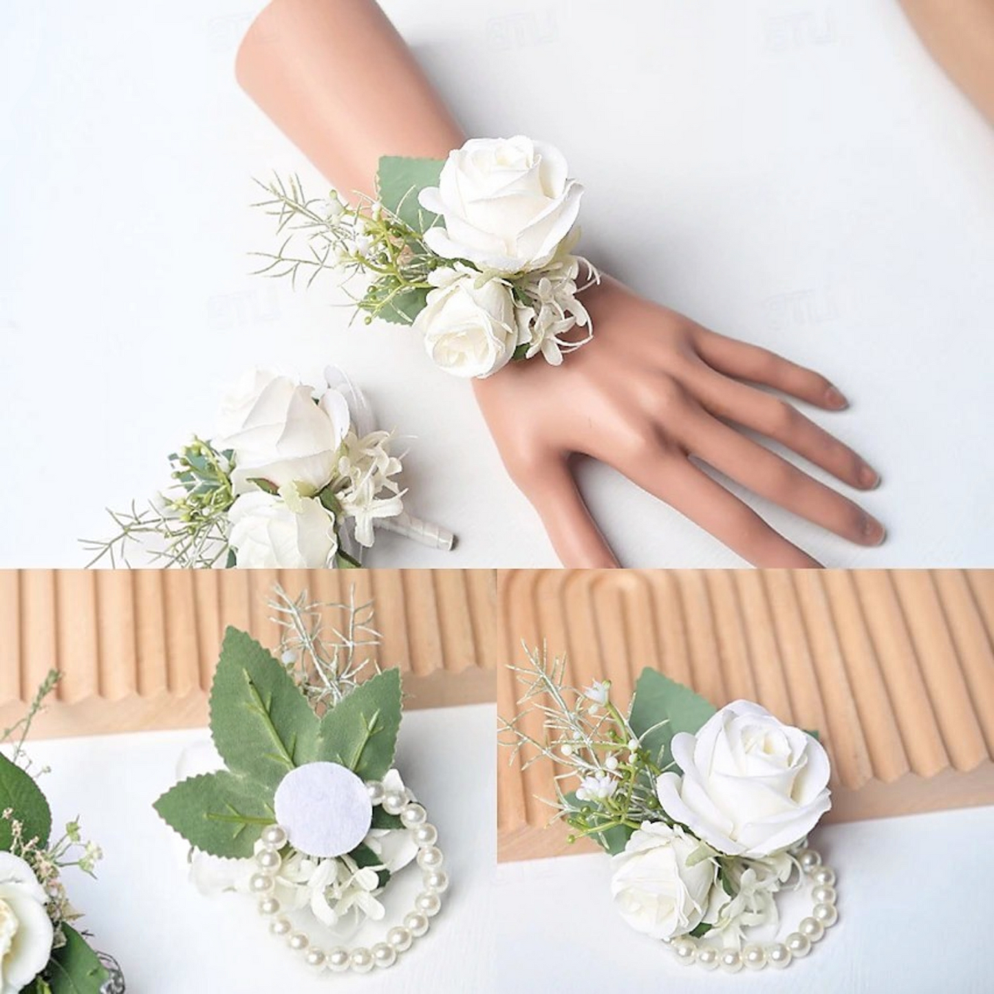 White Rose Wrist Corsage with Matching Boutonniere for Bridal and Prom Occasions