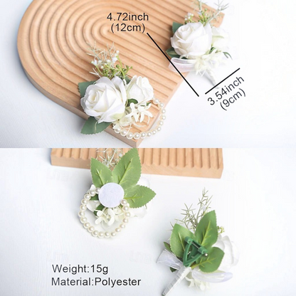 White Rose Wrist Corsage with Matching Boutonniere for Bridal and Prom Occasions