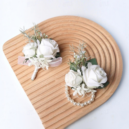 White Rose Wrist Corsage with Matching Boutonniere for Bridal and Prom Occasions