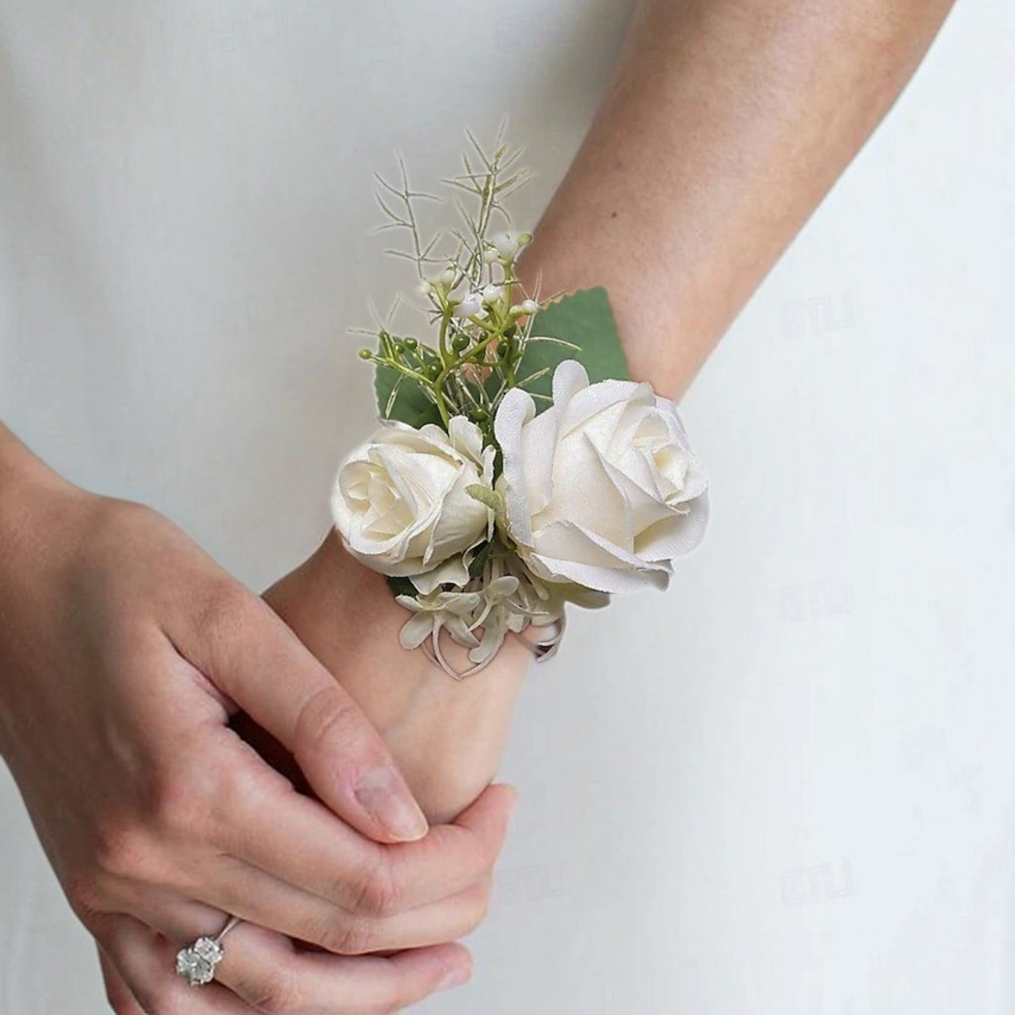 White Rose Wrist Corsage with Matching Boutonniere for Bridal and Prom Occasions