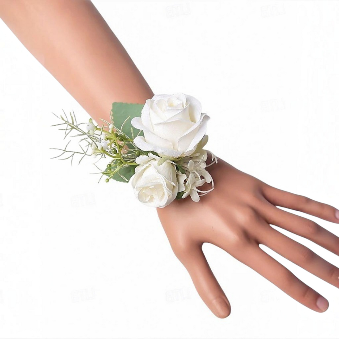 White Rose Wrist Corsage with Matching Boutonniere for Bridal and Prom Occasions